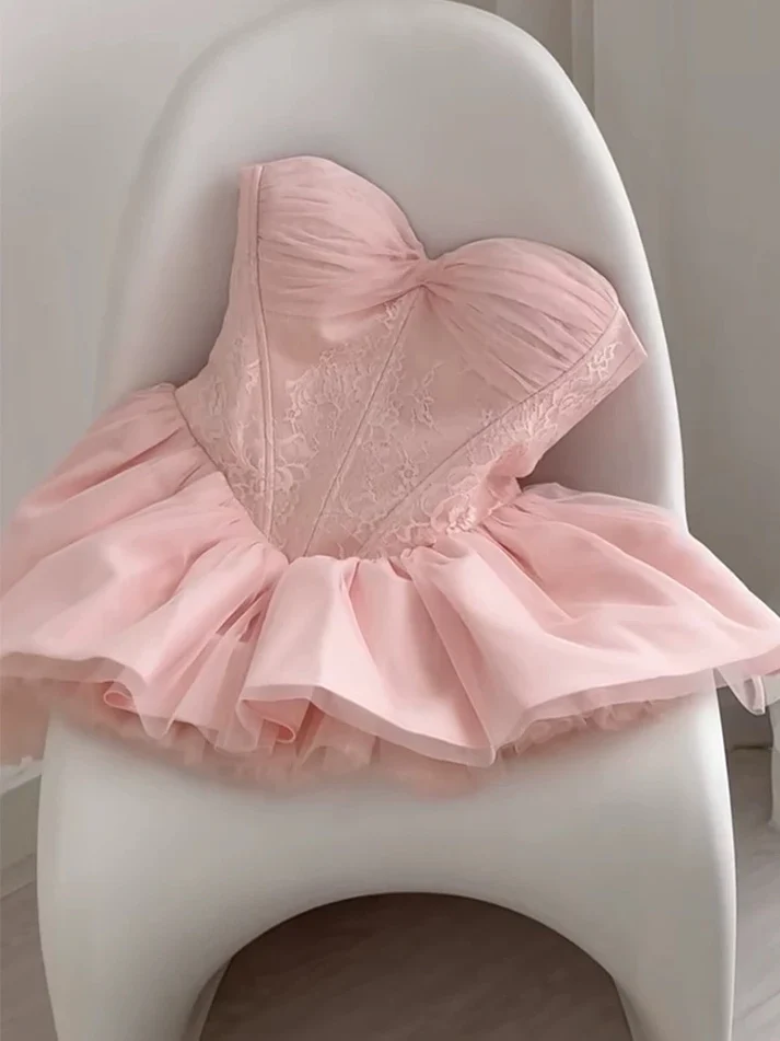 Cute Pink Sweetheart Neck Lace Tulle A Line Short Birthday Dress Homecoming Dress cc3451