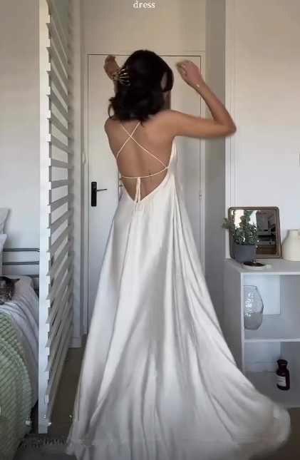 Simple Straps V Neck A Line Party Dress White Satin Prom Dress cc2059