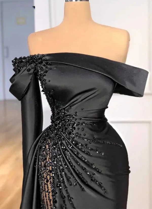 Classic Sheath Off-The-Shoulder Satin Beaded Prom Dress Formal Party Evening Gown cc2438