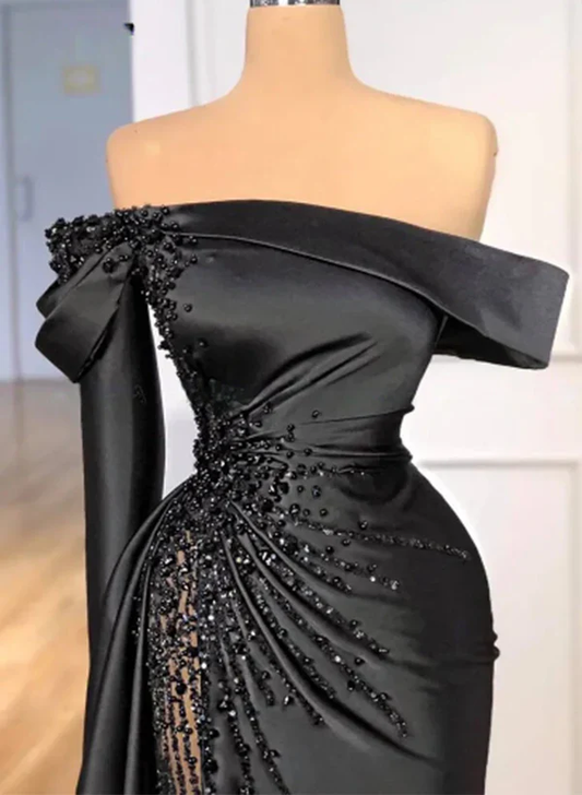 Classic Sheath Off-The-Shoulder Satin Beaded Prom Dress Formal Party Evening Gown cc2438