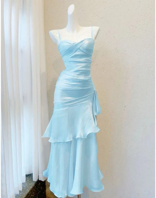 Elegant Spaghetti Straps Blue Ruffle Prom Dress,Layered Mermaid Party Evening Gown cc2531