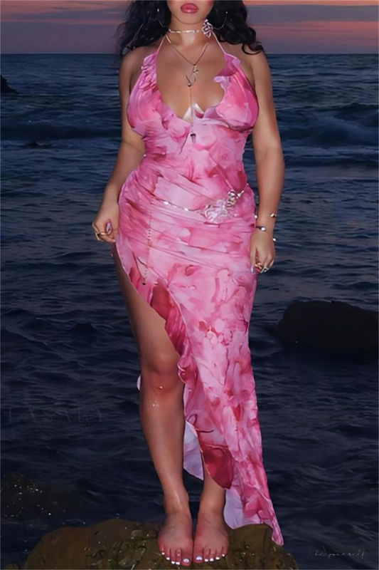 Pretty Halter V Neck High Slit Evening Dress,Pink Ruffles Chiffon Party Prom Dress cc2680