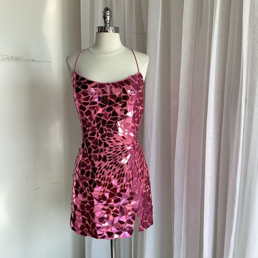 Gorgeous Spaghetti Straps Pink Sequin Sheath Short Cocktail Dress Formal Graduation Homecoming Dress cc3474