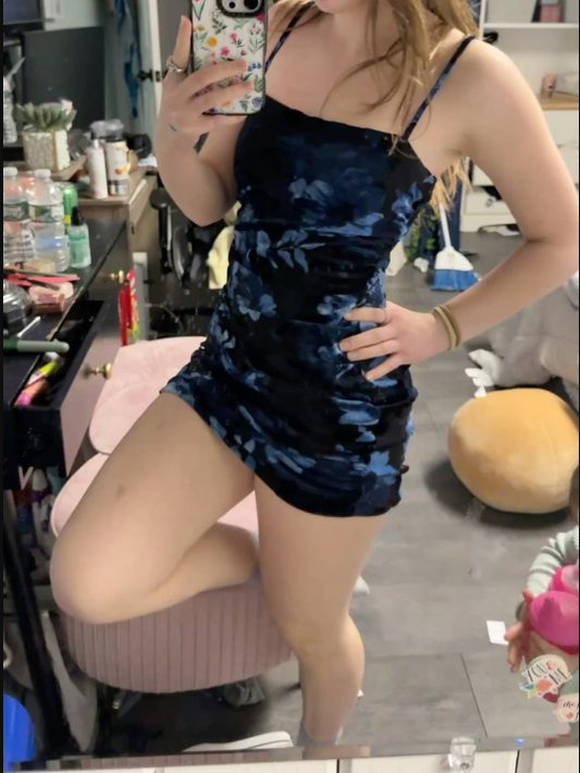 Chic Spaghetti Straps Navy Blue Satin Print Floral Sheath Short Cocktail Dress Homecoming Dress cc3457