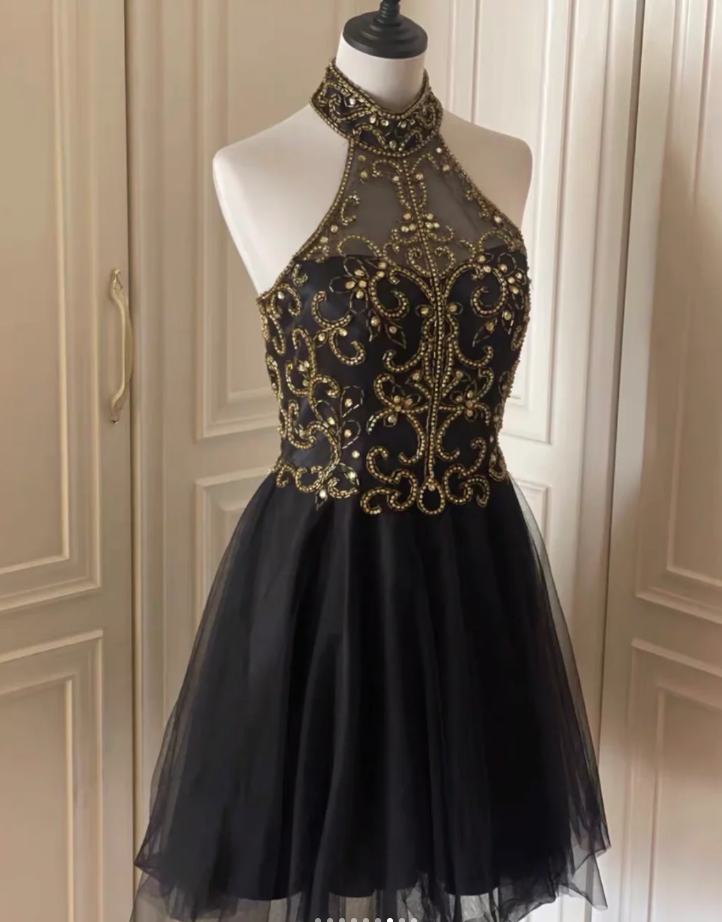Charming Sleeveless Halter Tulle Beaded Cocktail Dress Black Homecoming Dress Birthday Outfits cc3176