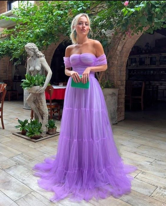 A Line Purple Off the Shoulder Formal Evening Gowns Tulle Long Prom Dress cc1025