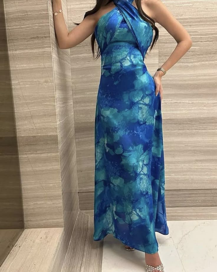 Unique Halter Chiffon Print Prom Evening Dress cc2565