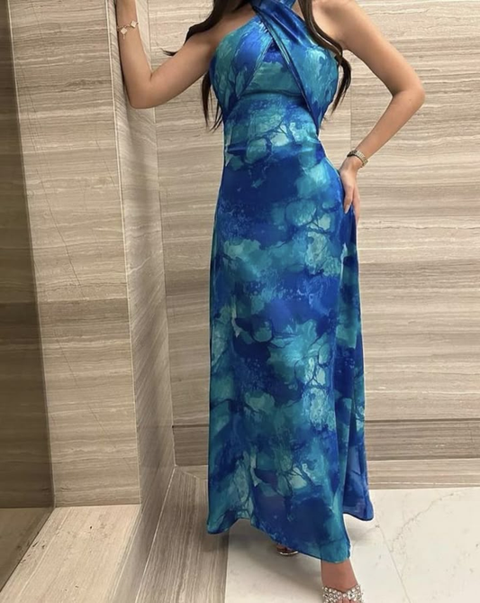 Unique Halter Chiffon Print Prom Evening Dress cc2565