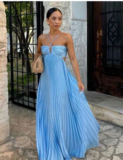 Sexy Halter Satin Pleated A Line Party Dress,Blue Backless Prom Evening Dress  cc2557