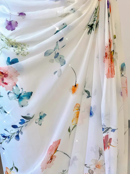 Fairy Chiffon Print Long Mermaid Pleated Evening Dress White Formal Prom Dress cc1481