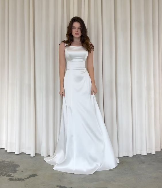 Classic White Satin A-line Wedding Dress,White Bridal Dress cc1052