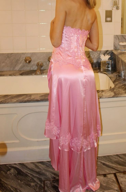 Chic Strapless Lace Appliques Evening Dress Pink Layered Party Prom Dress cc2261