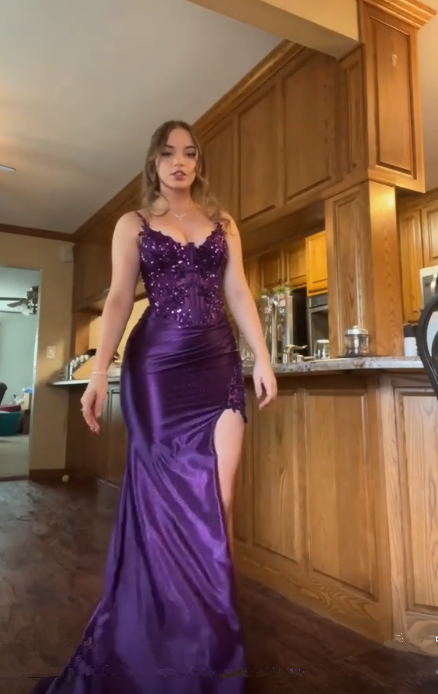 Gorgeous Purple Mermaid Lace Appliques Evening Dress Slit Long Prom Party Dress cc1897