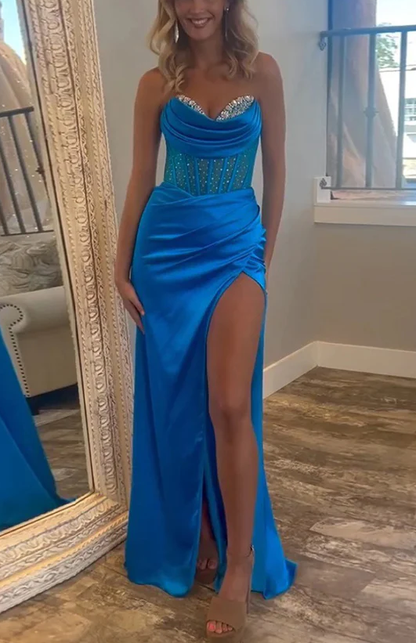 Gorgeous Mermaid Strapless Satin Beading Royal Blue Prom Dress Sexy Evening Dress cc1985