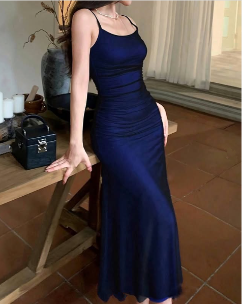 Vintage Spaghetti Satin Tulle Sheath Party Dress,Long Evening Dress cc2861