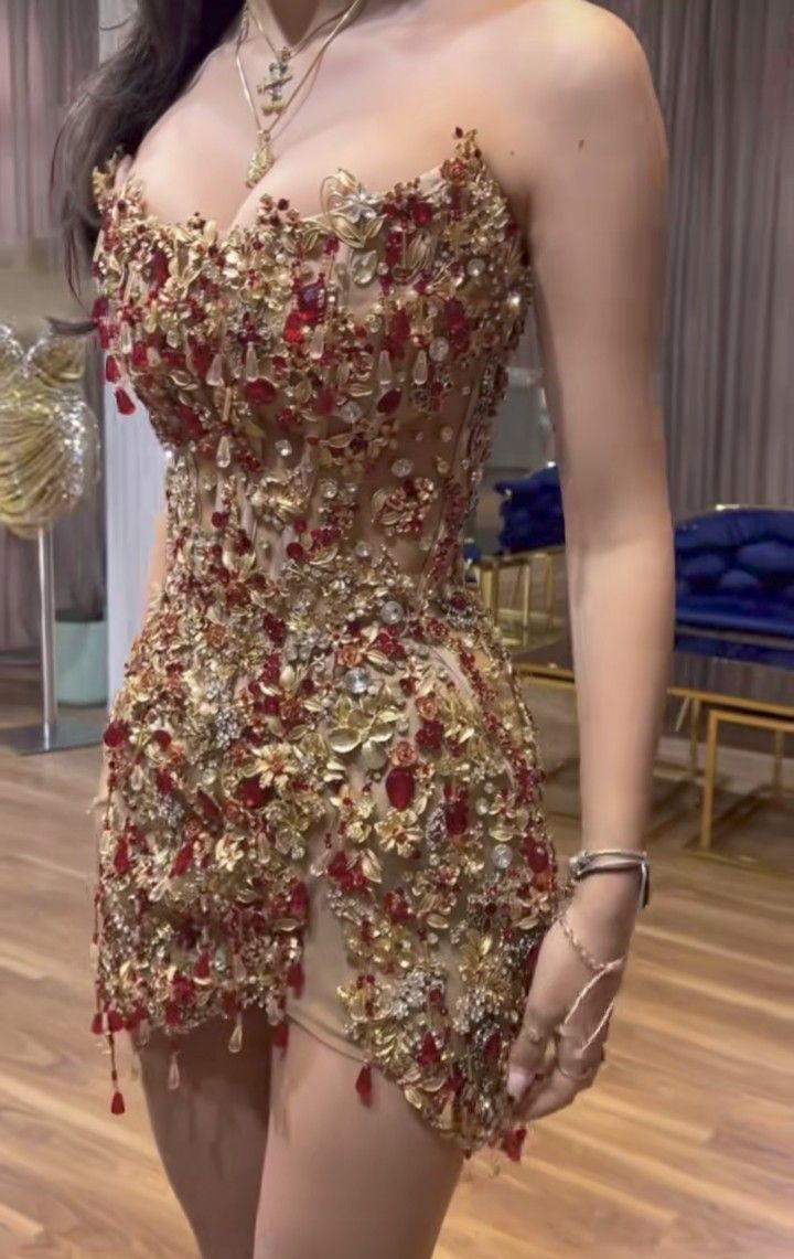 Gorgeous Sheath Strapless Sequin Beaded Gold Formal 8th Grade Homecoming Dress Mini Cocktail Dress cc3434