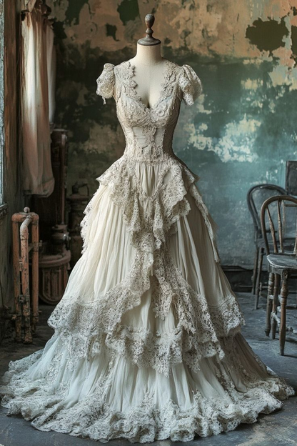 Vintage A Line Chiffon Lace Appliques Long Prom Dress,Ivory Wedding Dress Evening Dress cc2422