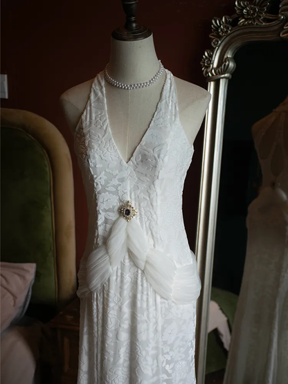 Vintage White V-Neck Backless Lace Mermaid Evening Dress Elegant Prom Party Dress cc1764