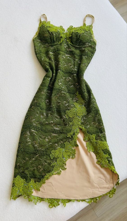 Vintage Green Lace Appliques Prom Dress Sexy Spaghetti Straps Evening Dress cc1521