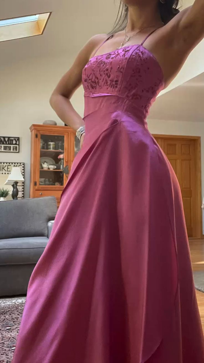 Spaghetti Straps Pink Long A Line Beaded Evening Dress Formal Prom Gown cc1426