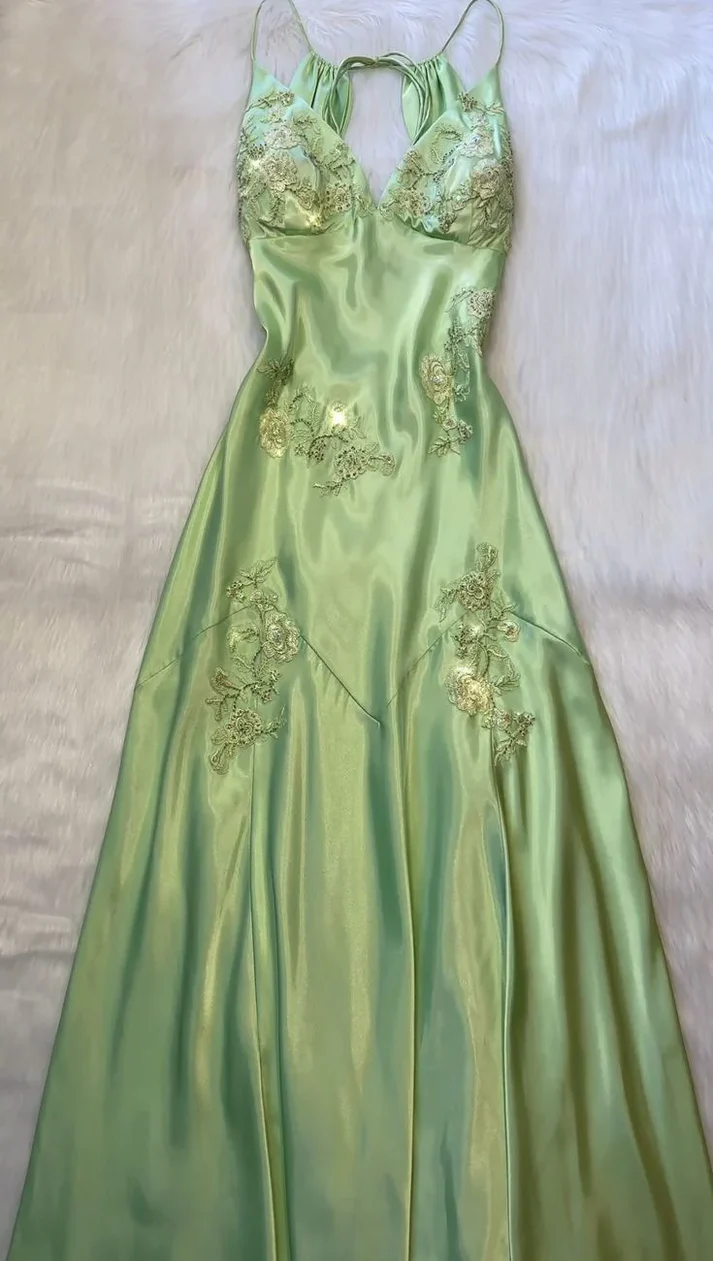 Spaghetti Straps Mint Green Lace Beaded Prom Dress Evening Dress  cc1417