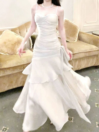 Elegant Straps White Prom Dress Mermaid Long Party Evening Dress cc1757