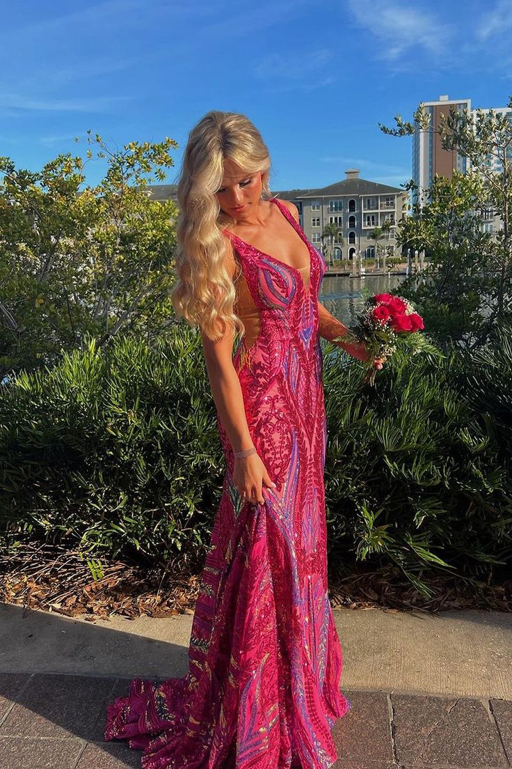 Luxurious Mermaid V Neck Fuchsia Sequins Prom Dress Formal Party Dress Evening Gown cc1533