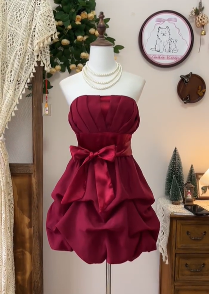 Vintage Burgundy Satin Pleated A Line Cocktail Dress Strapless Grade Homecoming Dress Birthday Outfits cc3115