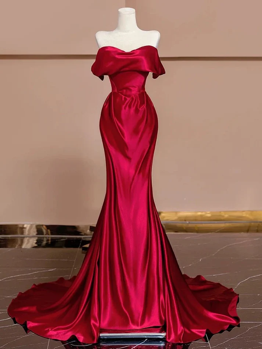 Classy Off The Shoulder Red Mermaid Long Prom Dress Formal Evening Dress cc2298