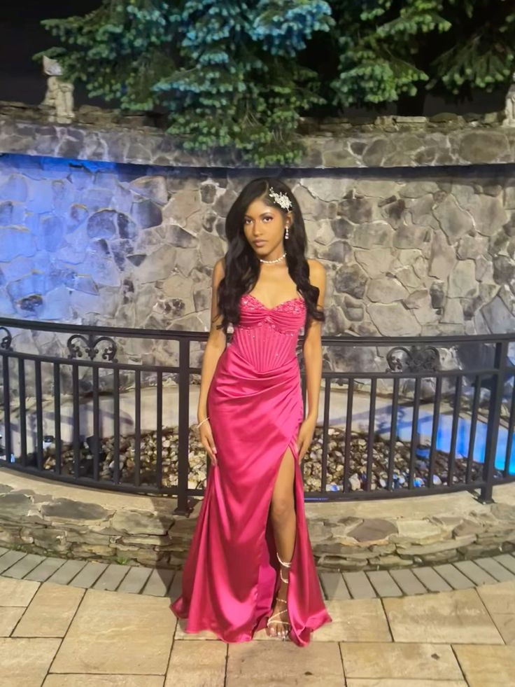 Cute Hot Pink Mermaid Slit Prom Dress Pleated  Party Evening Dress cc2316