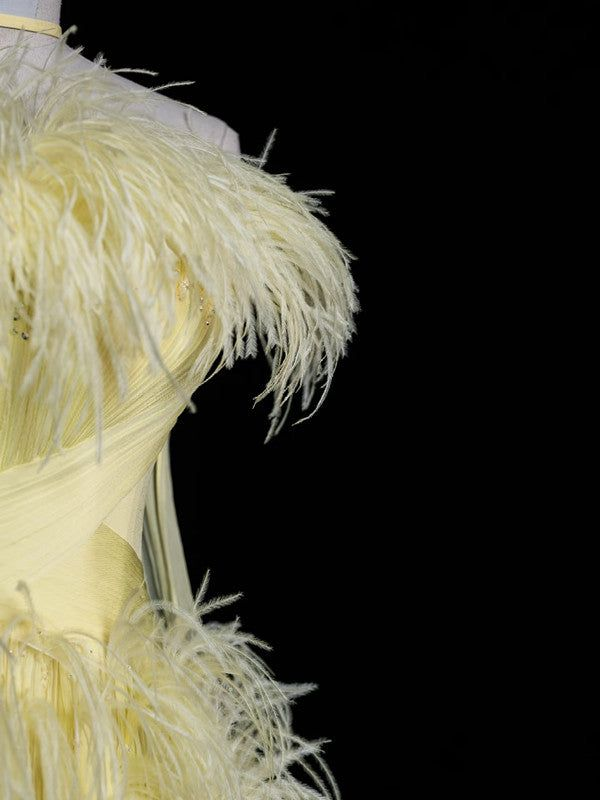 Luxury Yellow Off The Shoulder Evening Gown Chiffon Feathers Party Prom Dress With Beaded cc2430