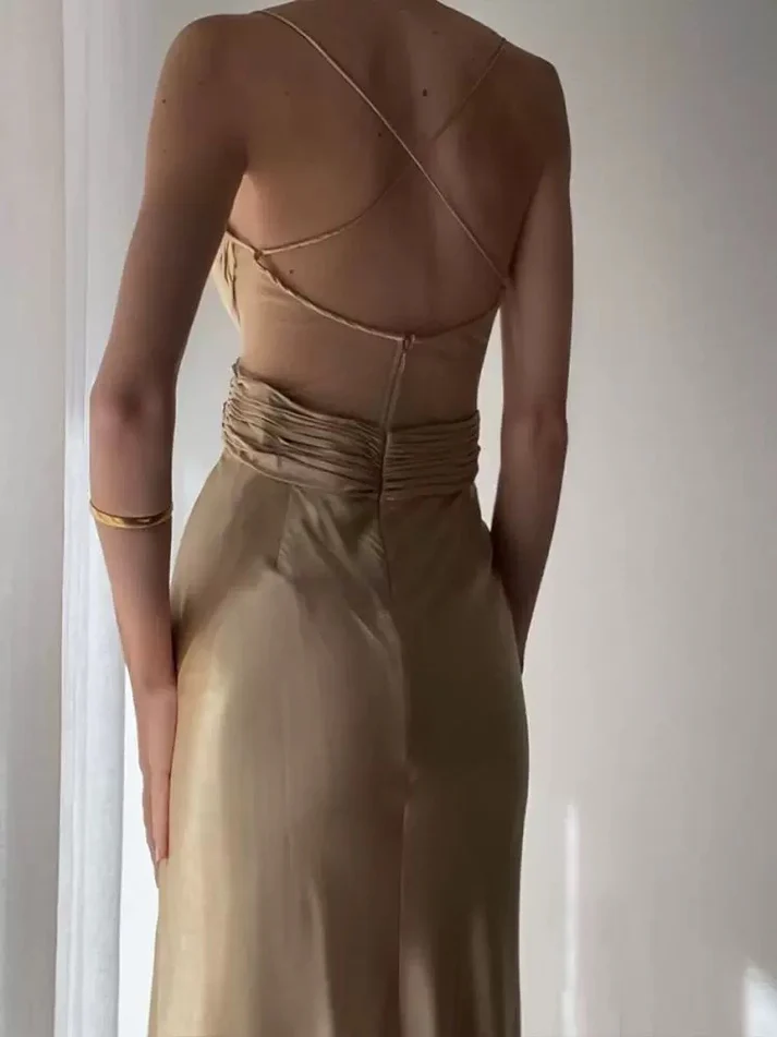 Sexy Backless A Line Satin Prom Dress Ruched Party Dress Evening Dress cc2028