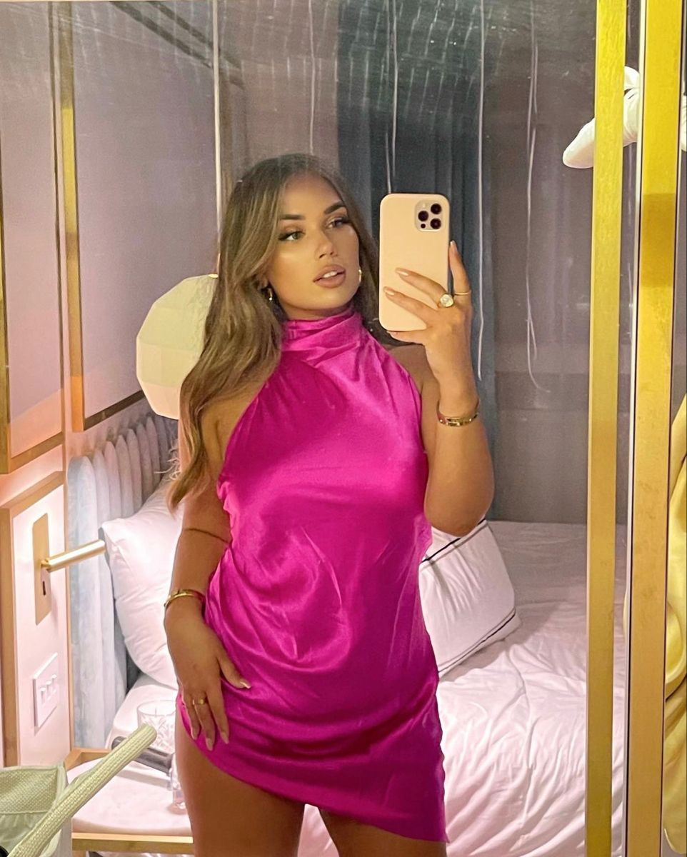 Sexy Halter Hot Pink Satin Sheath Birthday Dress Formal Short Homecoming Dress cc3496