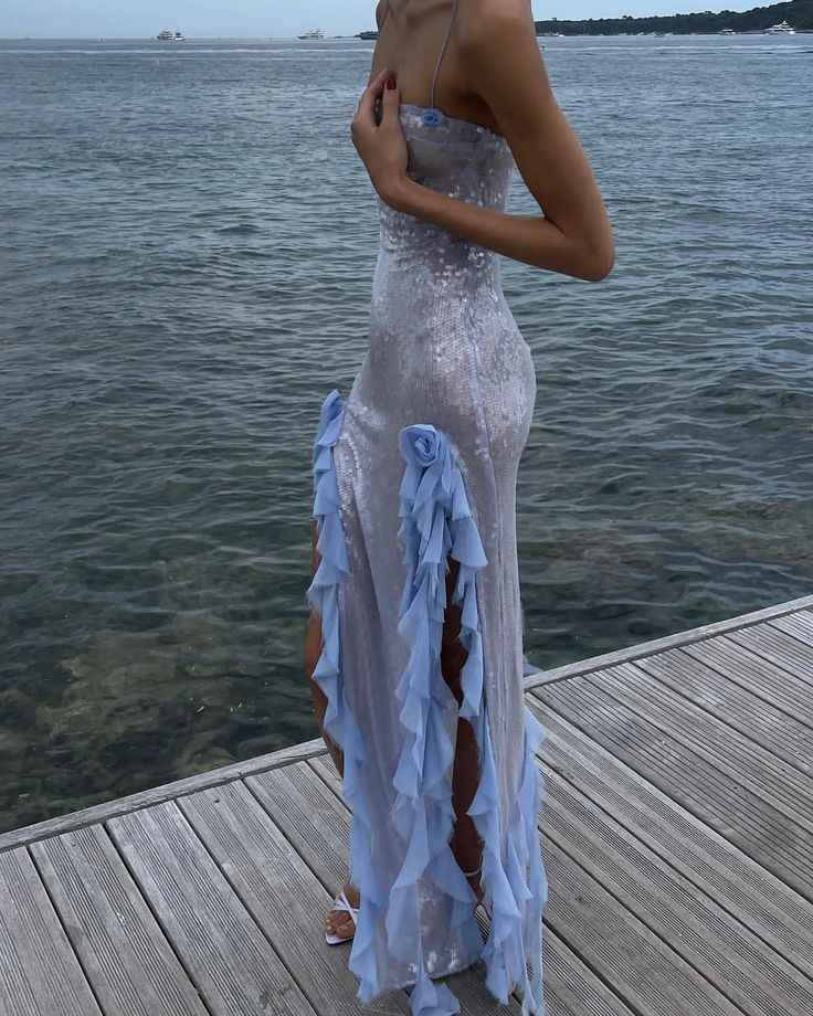 Sexy Slit Ruffles Sequin Party Dress Long Prom Evening Dress cc2184