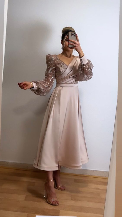 Champagne Evening Dress For Wedding Party V-Neck Satin Glitter Prom Dress Long Puffy Sleeves  cc685