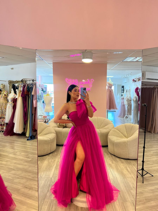 Fuchsia One Shoulder Evening Dresses Long Tulle A Line Evening Dresses  cc751