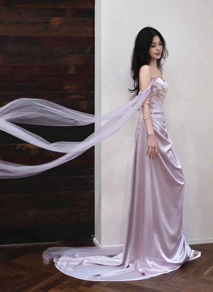 Elegant Lilac Satin Mermaid Pearls Evening Dress Long Prom Dress Wedding Dress cc2770