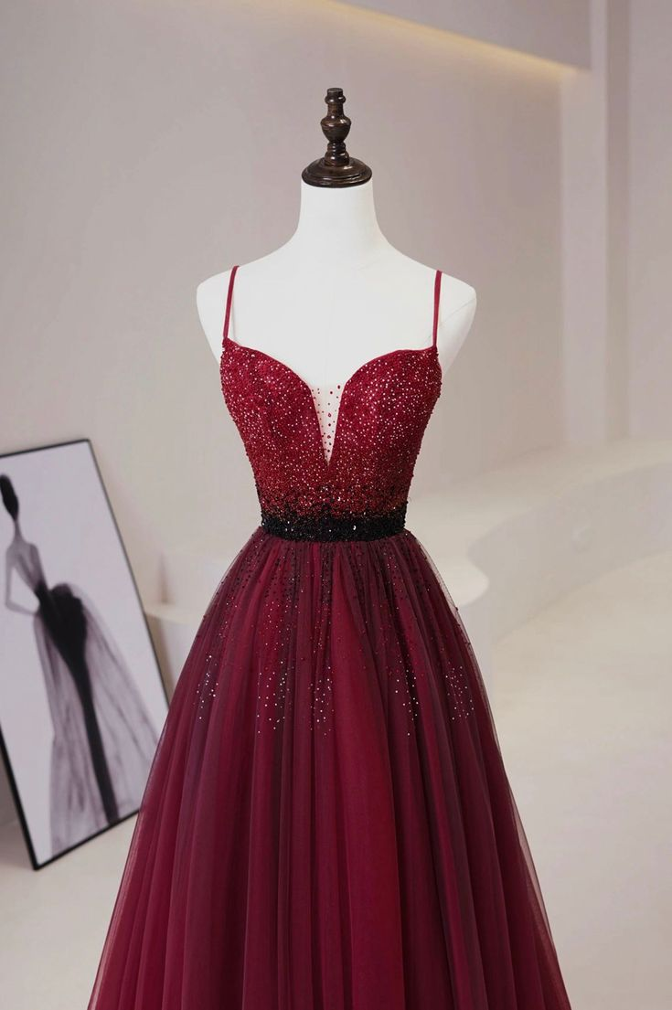 Burgundy Tulle Beaded Long Prom Dress, A-Line Spaghetti Strap Evening Dress cc973