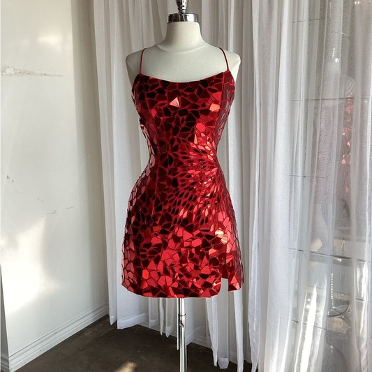 Gorgeous Spaghetti Straps Red Sequin Sheath Short Cocktail Dress Formal Graduation Homecoming Dress cc3472