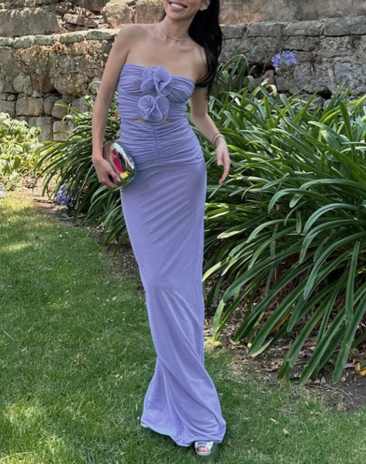 Chic Strapless Purple Sheath Prom Dress Long Party Dress With Flowers cc2051