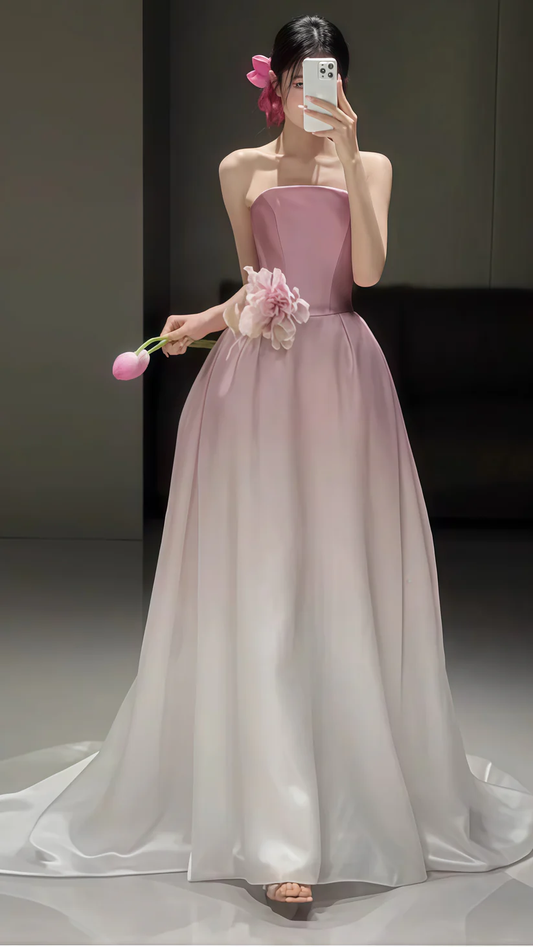 Fairy Ombre Pink Strapless Party Evening Dress,Formal Prom Dress With Flowers cc2238