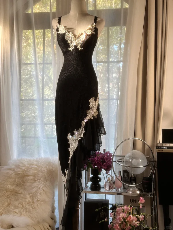 Classy Spaghetti Strap Black Lace Appliques Party Dress Prom Dress cc3023