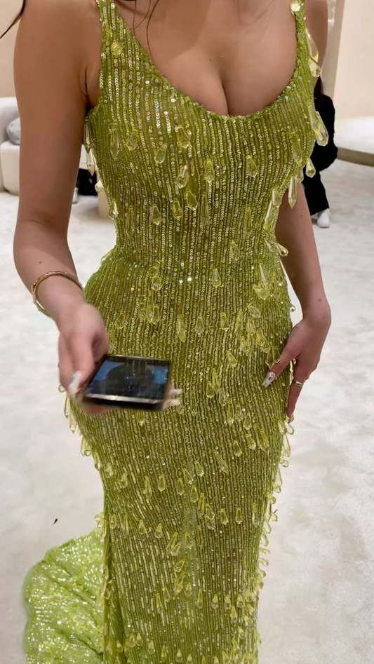 Luxury Green Mermaid Sequin Long Prom Evening Dress Formal Party Gown cc2328