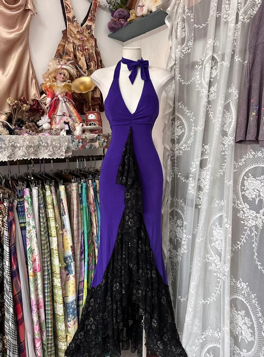 Unique Purple Satin Lace Ruffles Evening Dress Halter Mermaid Prom Dress cc2283