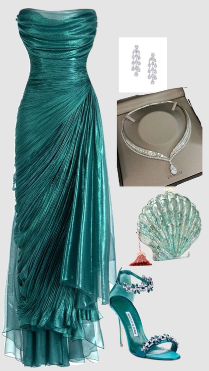 Unique Green Strapless Tulle Ruched Evening Gown Long Party Prom Dress cc2179