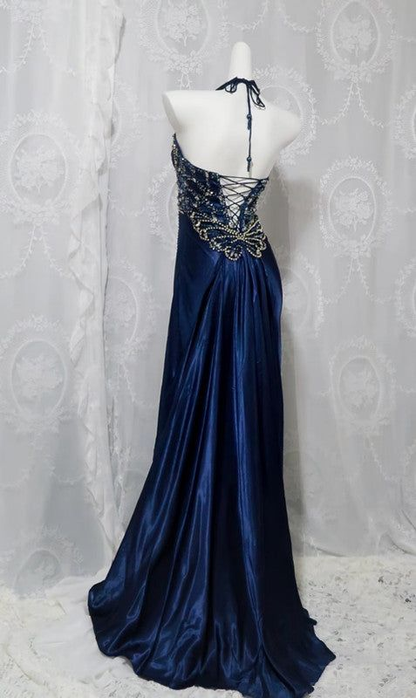 Gorgeous Navy Blue Halter Beaded Satin Memiad Prom Dress Fashion Slit Party Prom Dress cc2460