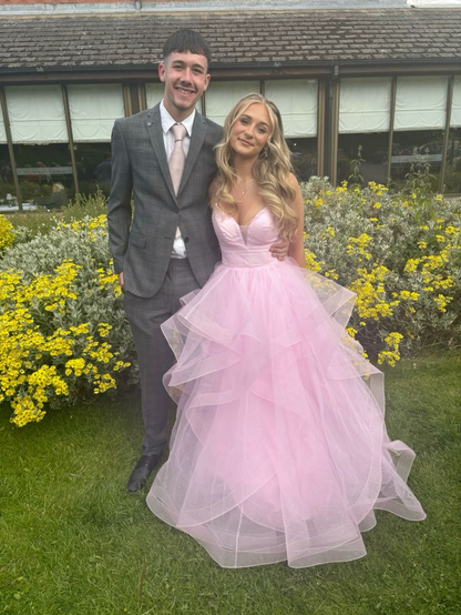 Pretty Pink Tulle Layered Prom Dress A Line Spaghetti Straps Party Evening Dress cc2447