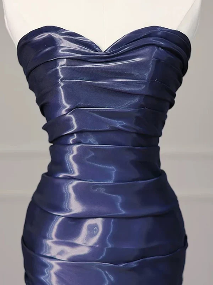 Gorgeous Strapless Navy Blue Evening Dress Ruched Mermaid Prom Party Dress cc2448