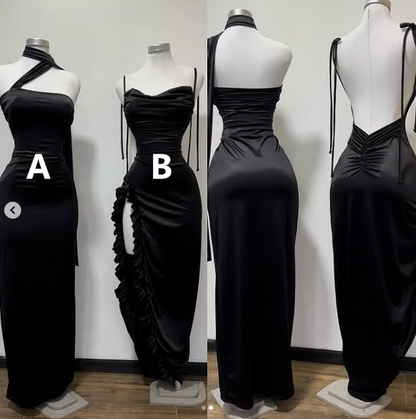 Simple Black Sheath Satin Party Evening Dress cc2734