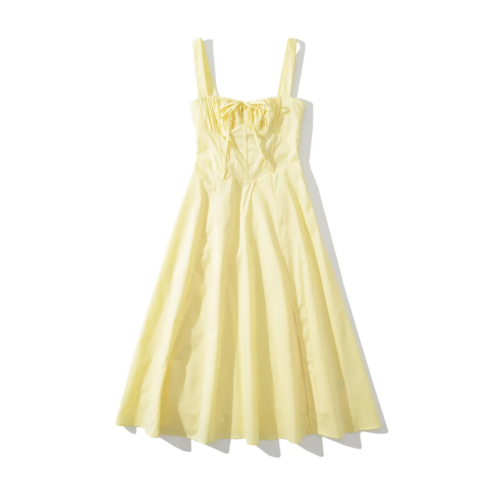 Yellow Ruched Bow Backless Sexy Midi Prom Dress cc669